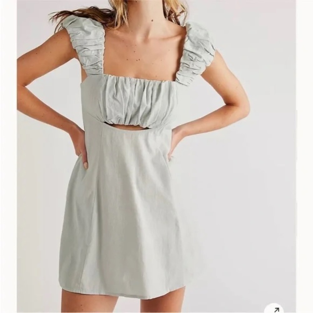 Free People mini dress Bom Bom Island linen cotton cutout sage babydoll ruffle